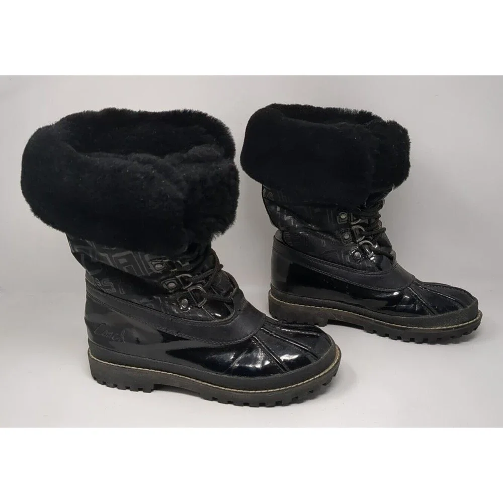 Coach Leonora Black Faux Fur Lace-Up Snow Winter Boots Signature Size 6 B Y2K‎